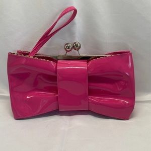 Vintage Hot Pink Patent Leather Bow Wristlet Purse Animal Print Interior
